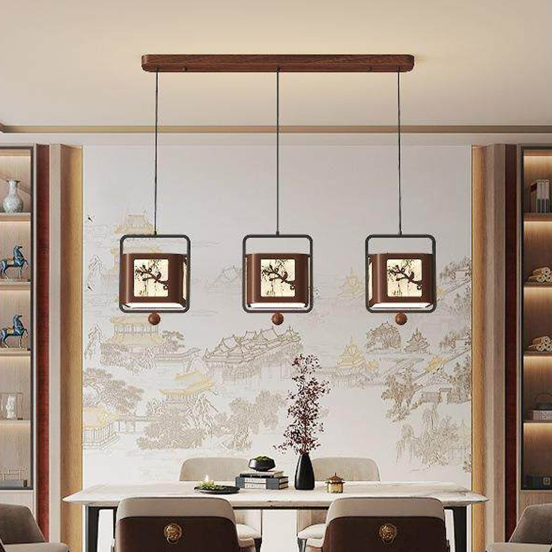 Traditional Chinese Iron Rubberwood Fabric Square LED Pendant Light For Living Room &amp; Dining Room
