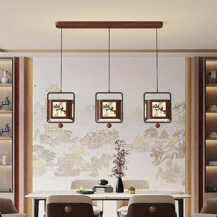 Traditional Chinese Iron Rubberwood Fabric Square LED Pendant Light For Living Room &amp; Dining Room