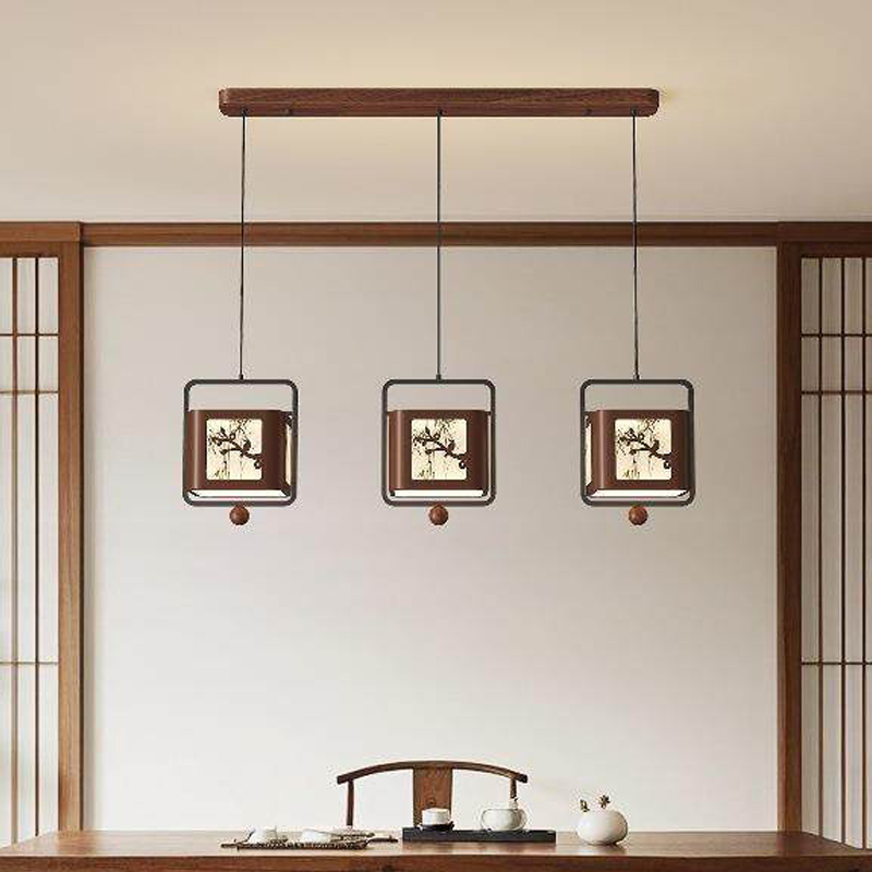 Traditional Chinese Iron Rubberwood Fabric Square LED Pendant Light For Living Room &amp; Dining Room