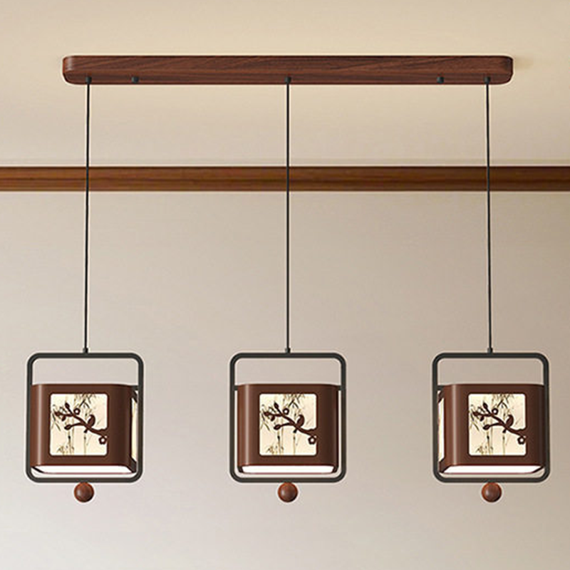 Traditional Chinese Iron Rubberwood Fabric Square LED Pendant Light For Living Room &amp; Dining Room