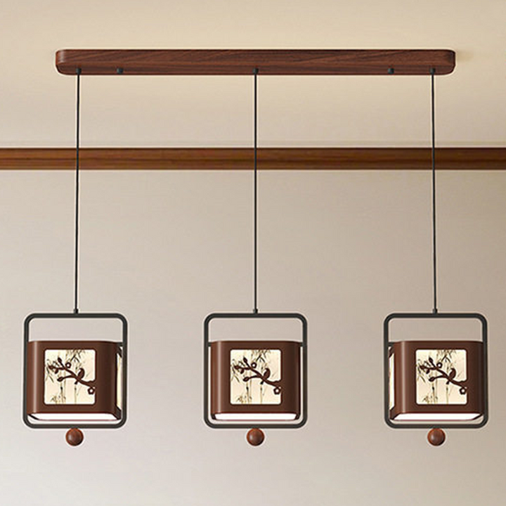 Traditional Chinese Iron Rubberwood Fabric Square LED Pendant Light For Living Room &amp; Dining Room