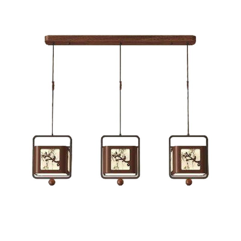 Traditional Chinese Iron Rubberwood Fabric Square LED Pendant Light For Living Room &amp; Dining Room