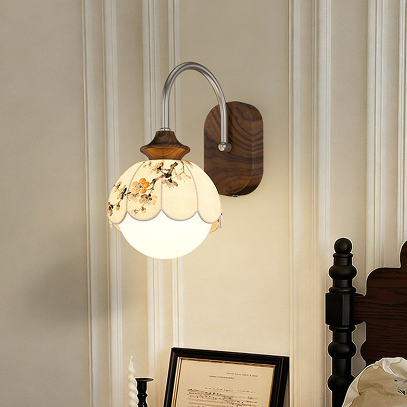 Traditional Chinese Floral Print Iron Fabric Round 1-Light Wall Sconce Lamp For Bedroom