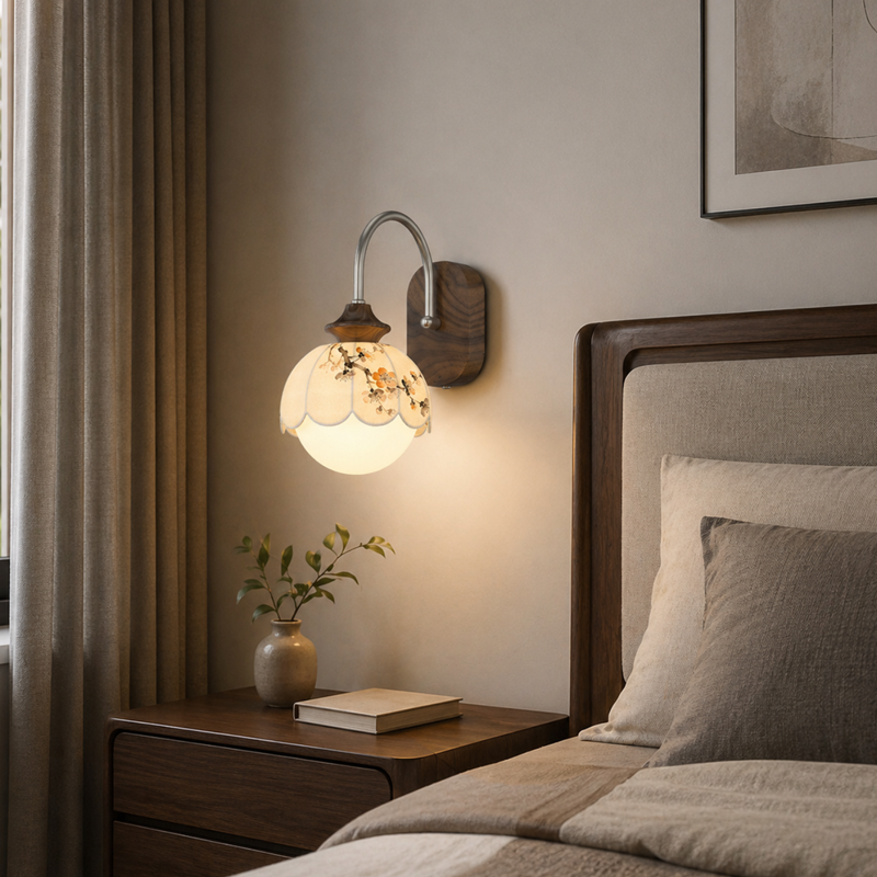 Traditional Chinese Floral Print Iron Fabric Round 1-Light Wall Sconce Lamp For Bedroom