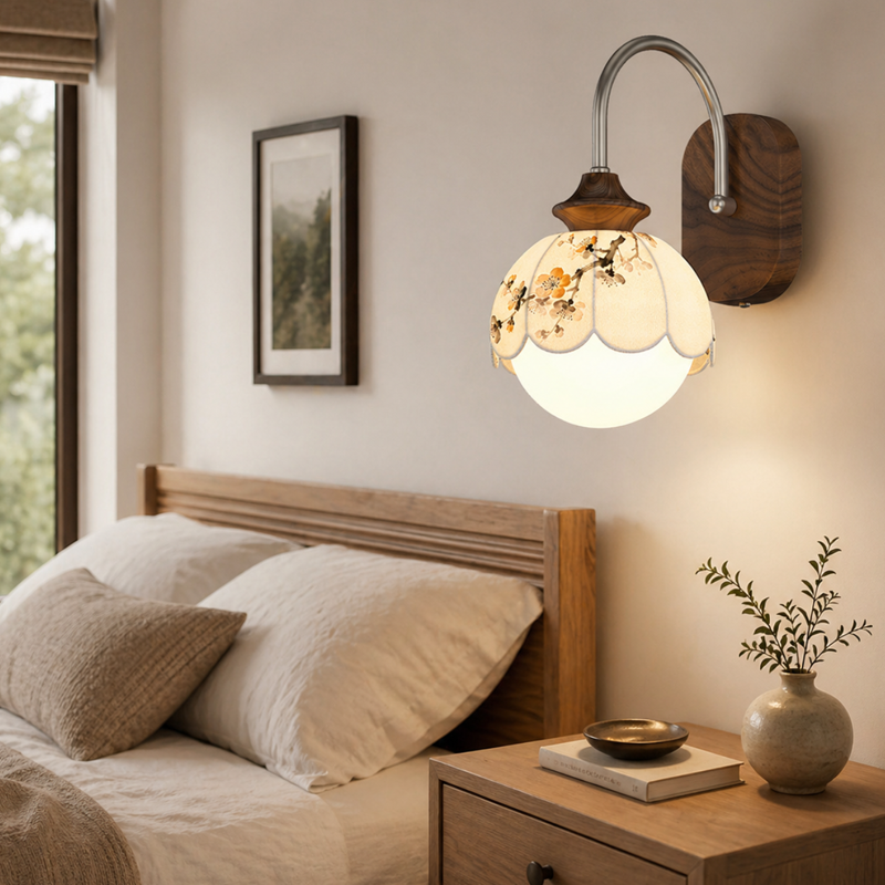 Traditional Chinese Floral Print Iron Fabric Round 1-Light Wall Sconce Lamp For Bedroom