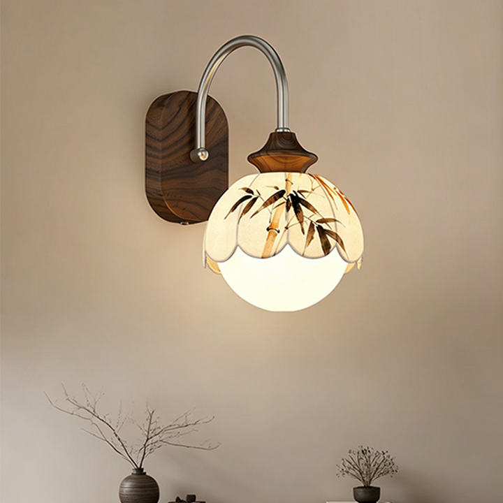 Traditional Chinese Floral Print Iron Fabric Round 1-Light Wall Sconce Lamp For Bedroom