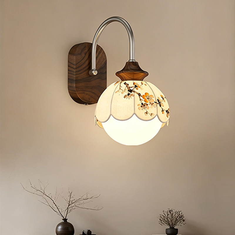 Traditional Chinese Floral Print Iron Fabric Round 1-Light Wall Sconce Lamp For Bedroom