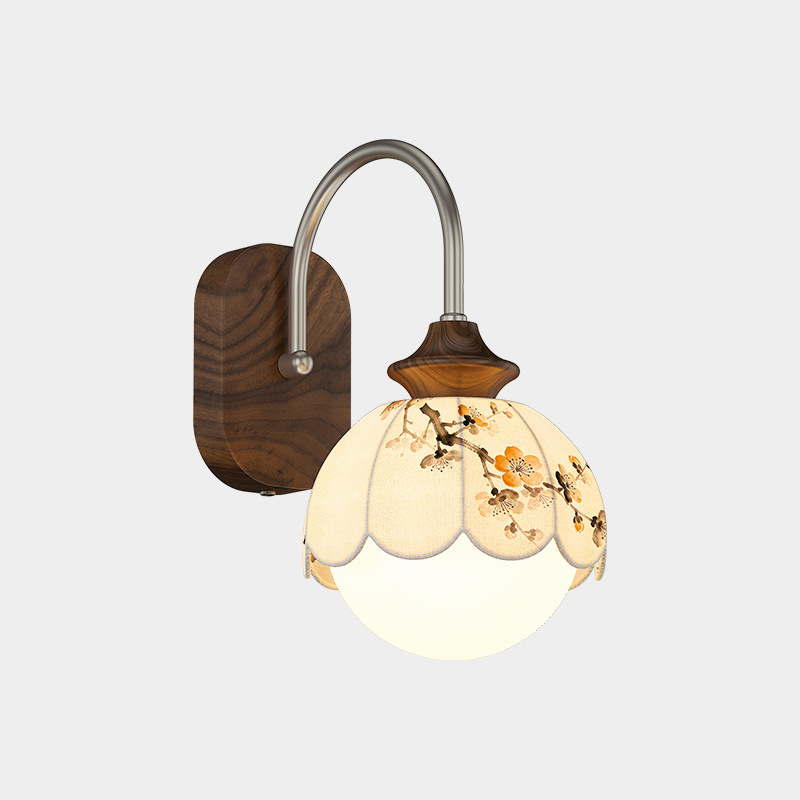 Traditional Chinese Floral Print Iron Fabric Round 1-Light Wall Sconce Lamp For Bedroom
