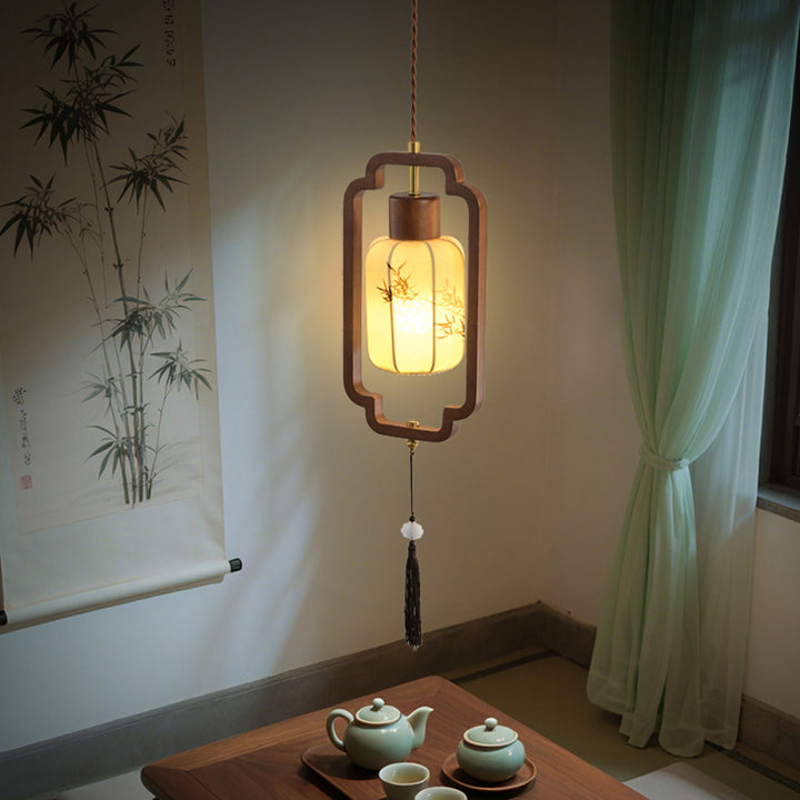 Traditional Chinese Hardware Solid Wood Fabric Lantern 1-Light Pendant Light For Living Room &amp; Bedroom