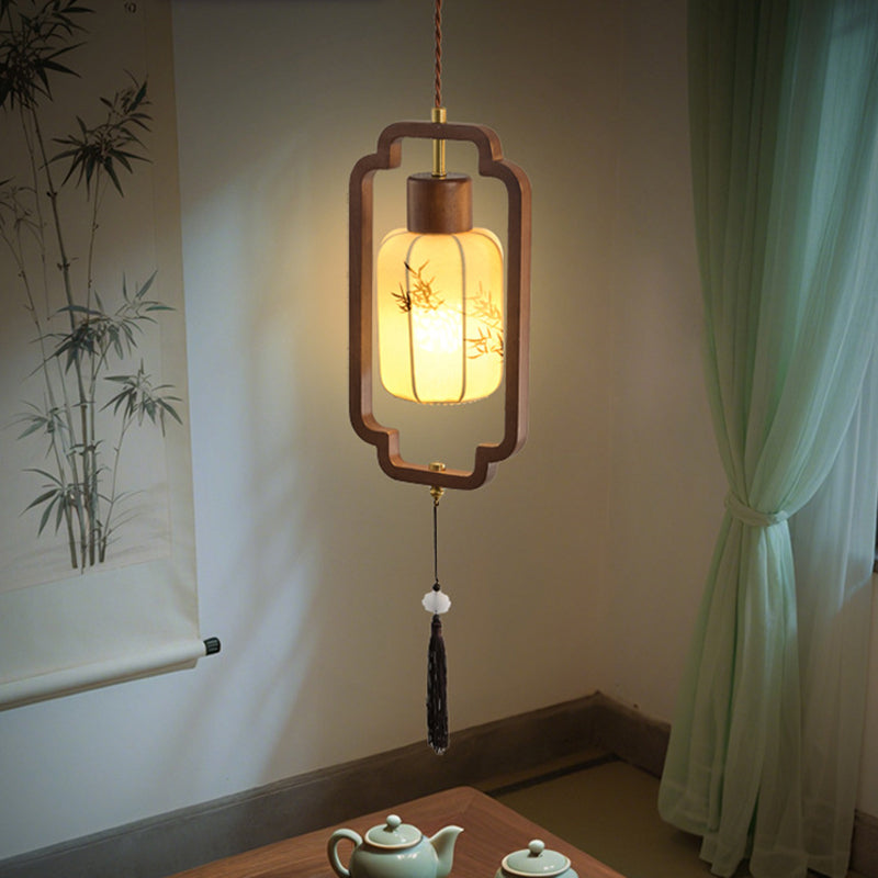 Traditional Chinese Hardware Solid Wood Fabric Lantern 1-Light Pendant Light For Living Room &amp; Bedroom