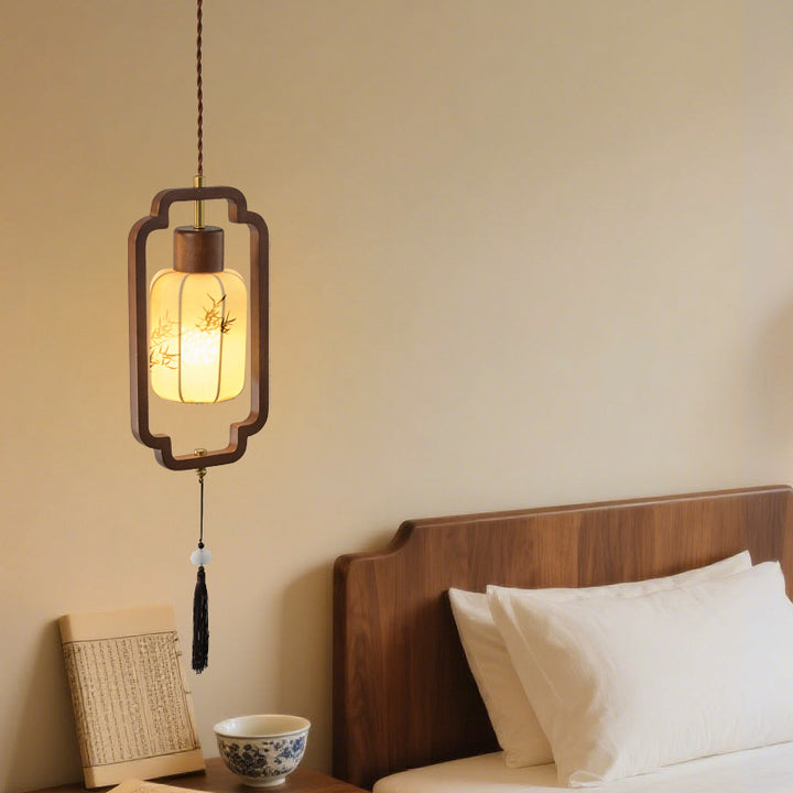 Traditional Chinese Hardware Solid Wood Fabric Lantern 1-Light Pendant Light For Living Room &amp; Bedroom
