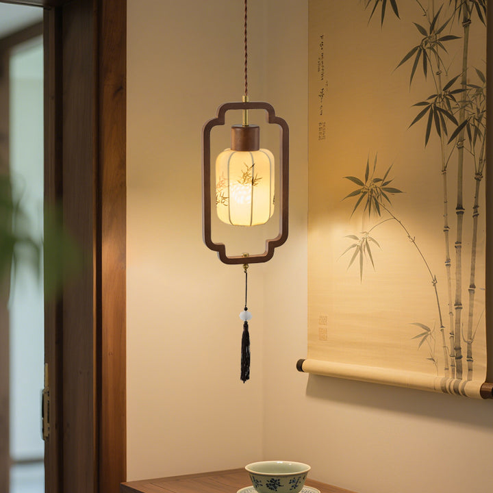 Traditional Chinese Hardware Solid Wood Fabric Lantern 1-Light Pendant Light For Living Room &amp; Bedroom