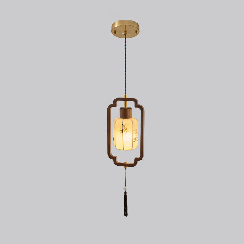 Traditional Chinese Hardware Solid Wood Fabric Lantern 1-Light Pendant Light For Living Room &amp; Bedroom