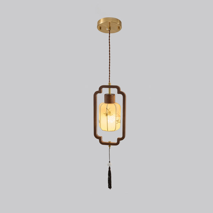 Traditional Chinese Hardware Solid Wood Fabric Lantern 1-Light Pendant Light For Living Room &amp; Bedroom