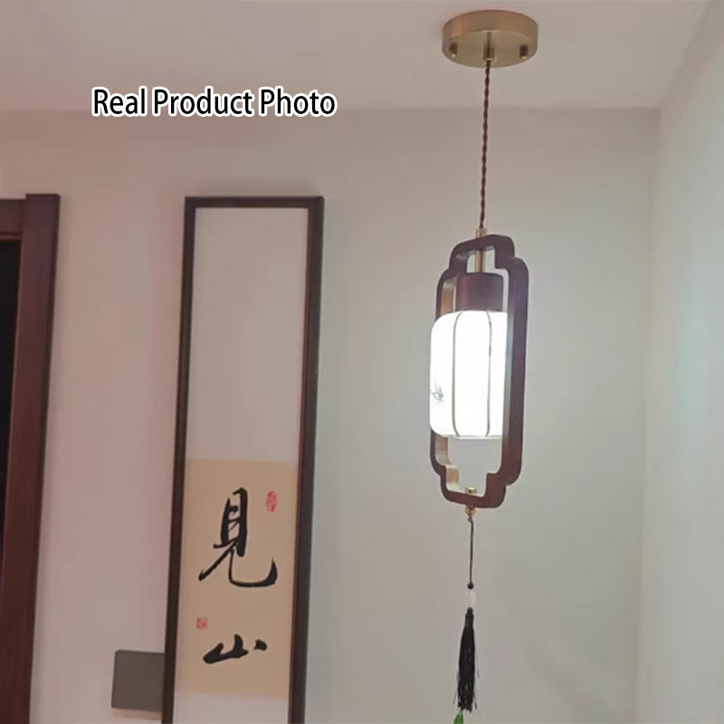 Traditional Chinese Hardware Solid Wood Fabric Lantern 1-Light Pendant Light For Living Room &amp; Bedroom