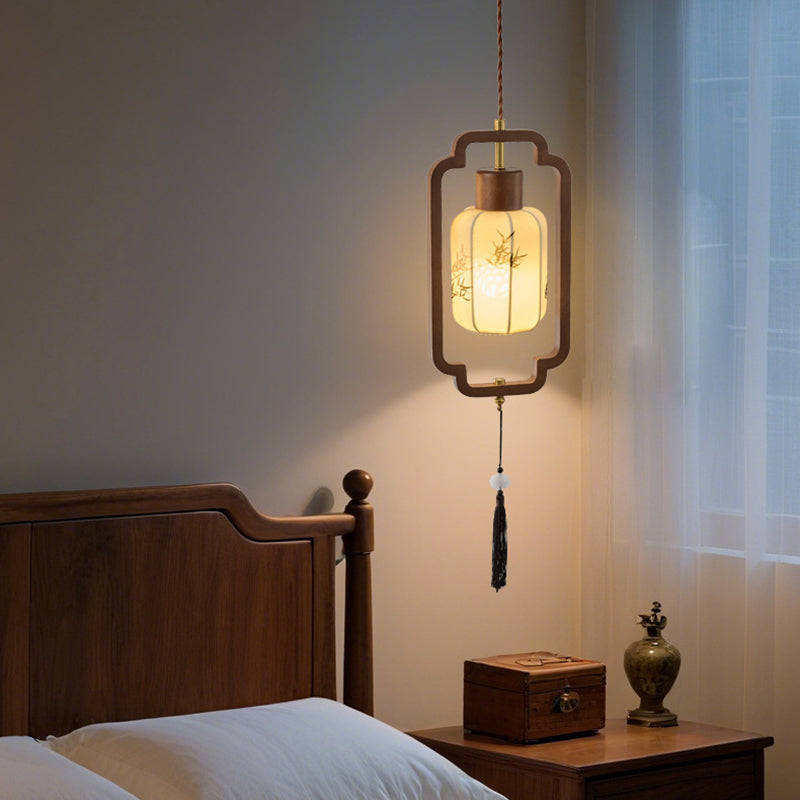 Traditional Chinese Hardware Solid Wood Fabric Lantern 1-Light Pendant Light For Living Room &amp; Bedroom
