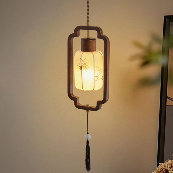 Traditional Chinese Hardware Solid Wood Fabric Lantern 1-Light Pendant Light For Living Room &amp; Bedroom