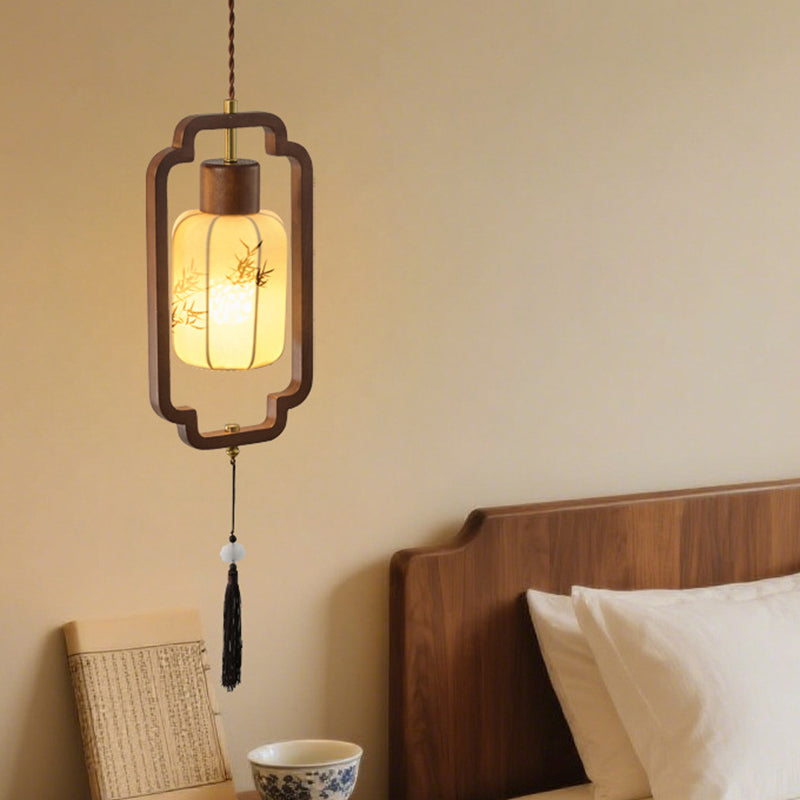 Traditional Chinese Hardware Solid Wood Fabric Lantern 1-Light Pendant Light For Living Room &amp; Bedroom