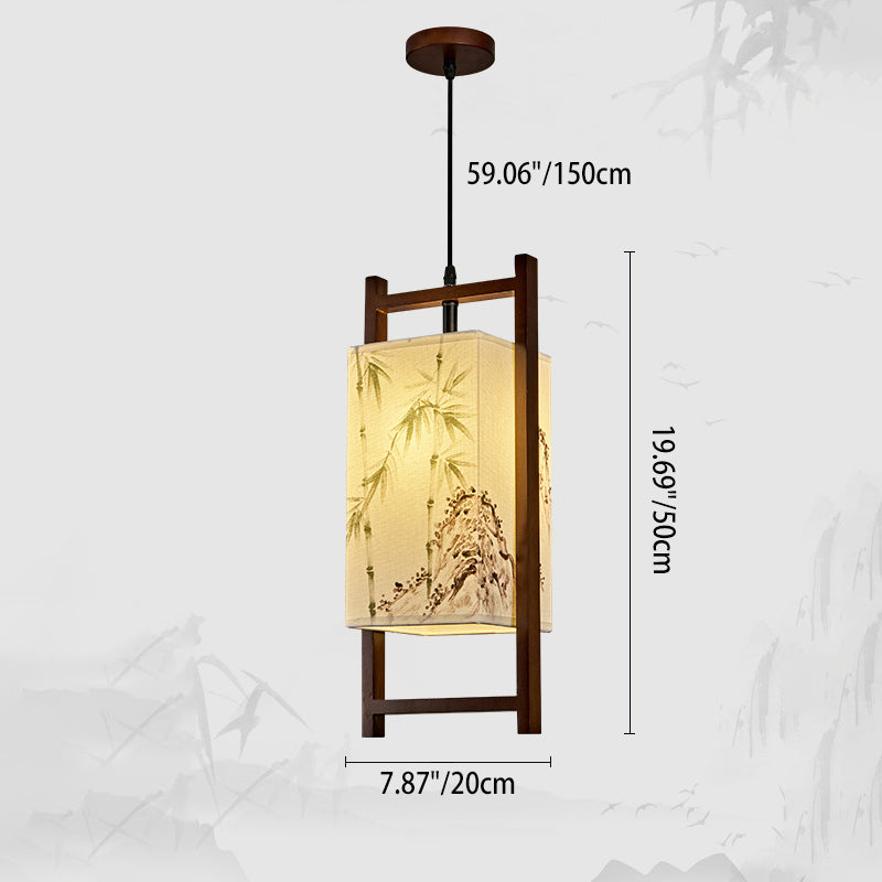 Traditional Chinese Solid Wood Fabric Lantern 1-Light Pendant Light For Living Room &amp; Dining Room