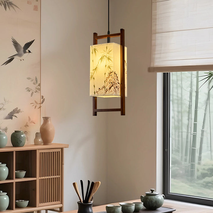 Traditional Chinese Solid Wood Fabric Lantern 1-Light Pendant Light For Living Room &amp; Dining Room