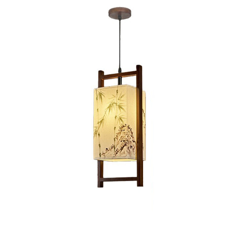 Traditional Chinese Solid Wood Fabric Lantern 1-Light Pendant Light For Living Room &amp; Dining Room