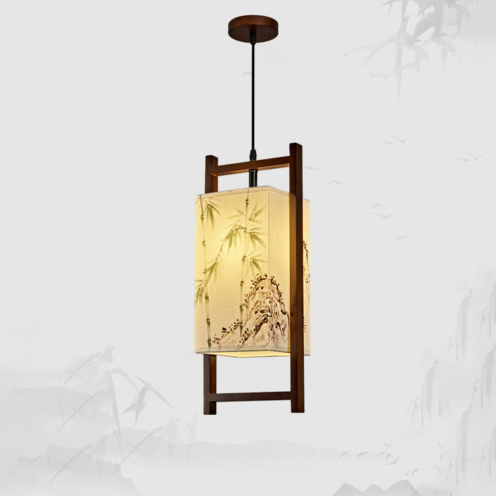 Traditional Chinese Solid Wood Fabric Lantern 1-Light Pendant Light For Living Room &amp; Dining Room