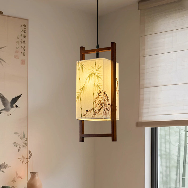 Traditional Chinese Solid Wood Fabric Lantern 1-Light Pendant Light For Living Room &amp; Dining Room
