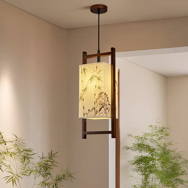 Traditional Chinese Solid Wood Fabric Lantern 1-Light Pendant Light For Living Room &amp; Dining Room
