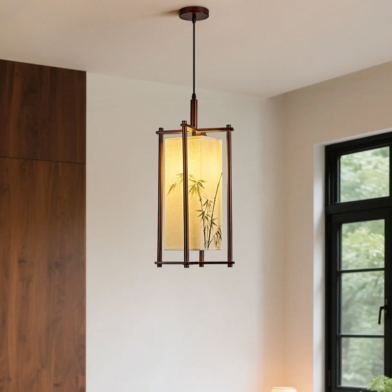Traditional Chinese Solid Wood Fabric Lantern 1-Light Pendant Light For Living Room &amp; Dining Room