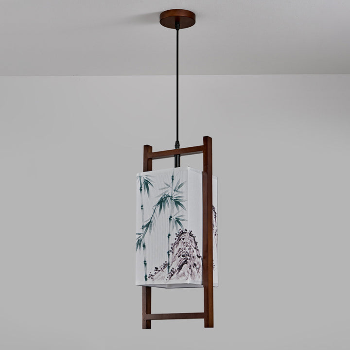 Traditional Chinese Solid Wood Fabric Lantern 1-Light Pendant Light For Living Room &amp; Dining Room