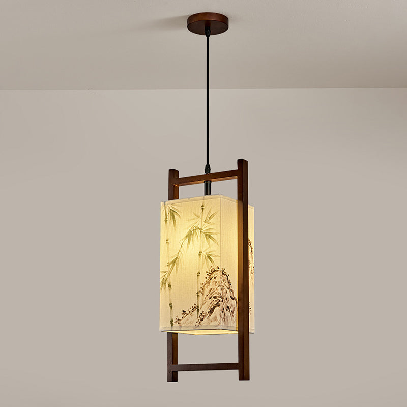 Traditional Chinese Solid Wood Fabric Lantern 1-Light Pendant Light For Living Room &amp; Dining Room