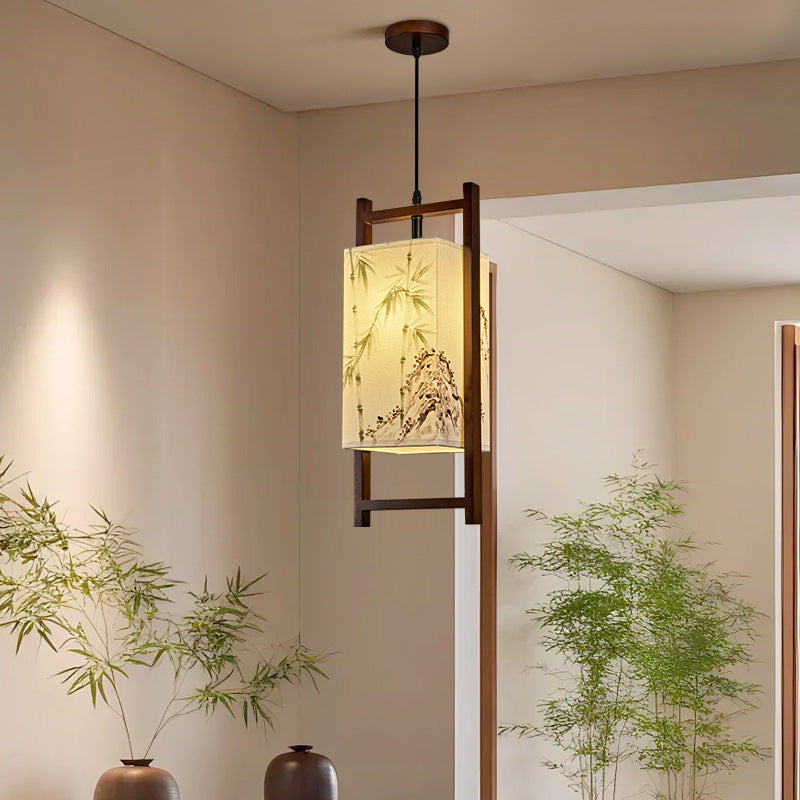 Traditional Chinese Solid Wood Fabric Lantern 1-Light Pendant Light For Living Room &amp; Dining Room