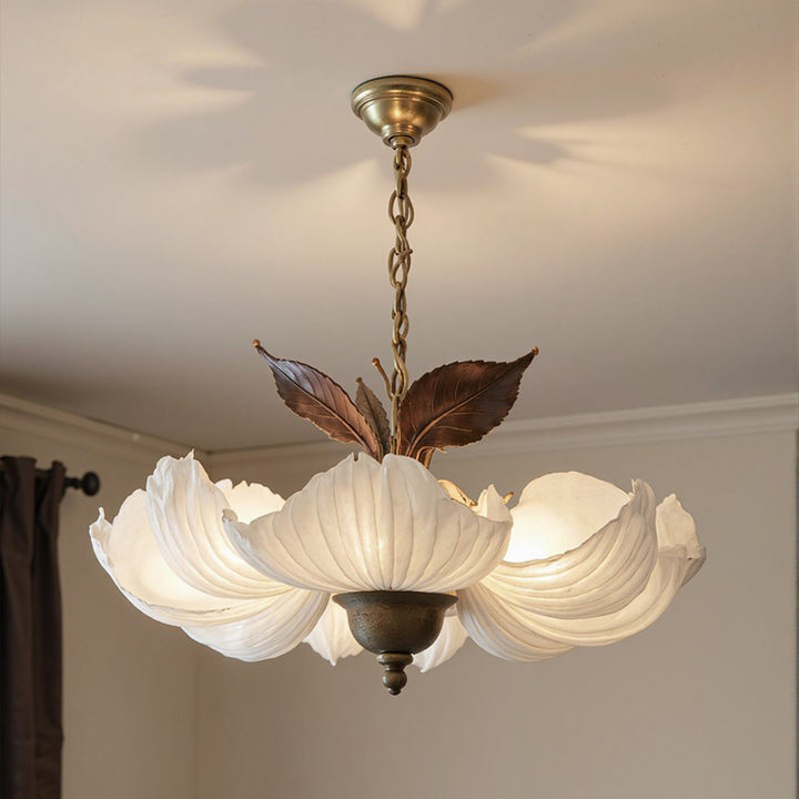Lámpara colgante de 6 luces con pétalos de acrílico y metal de estilo francés tradicional para sala de estar y comedor 