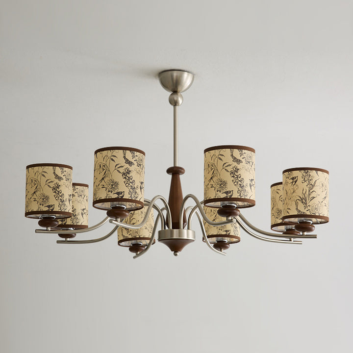 Zeitgenössischer Retro-Kronleuchter aus Eschenholz, Metall und Kunst-Schaffell in Zylinderform mit 3/5/8 Flammen für das Wohnzimmer 