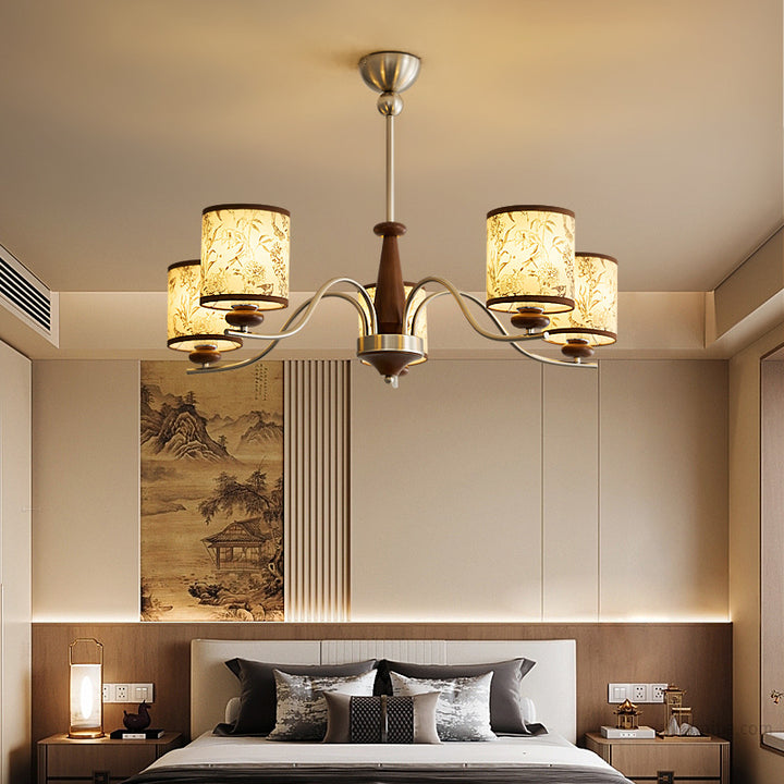 Contemporary Retro Ash Wood Metal Faux Sheepskin Cylindrical 3/5/8-Light Chandelier For Living Room