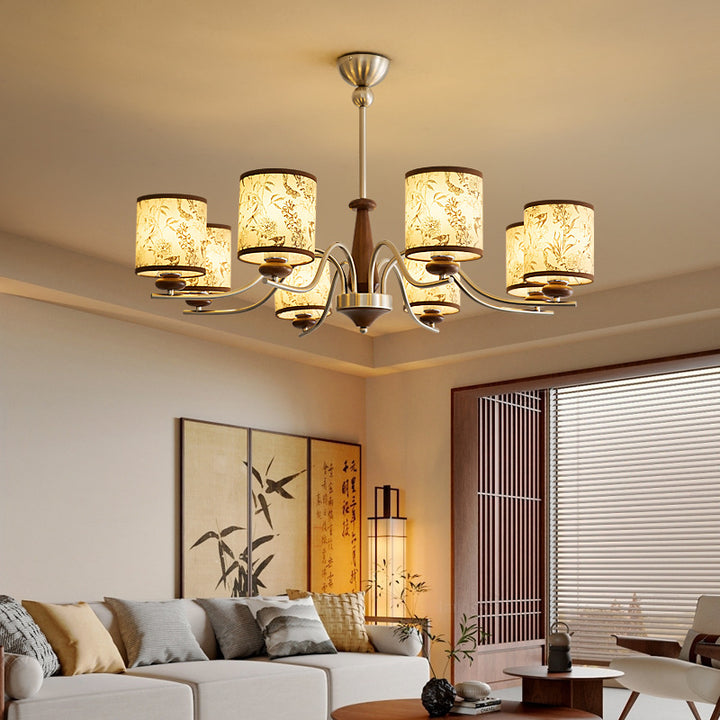 Contemporary Retro Ash Wood Metal Faux Sheepskin Cylindrical 3/5/8-Light Chandelier For Living Room