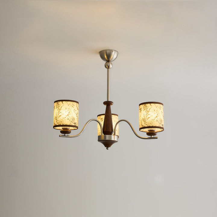 Zeitgenössischer Retro-Kronleuchter aus Eschenholz, Metall und Kunst-Schaffell in Zylinderform mit 3/5/8 Flammen für das Wohnzimmer 