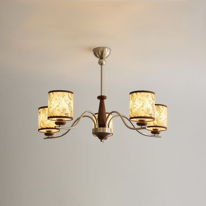 Zeitgenössischer Retro-Kronleuchter aus Eschenholz, Metall und Kunst-Schaffell in Zylinderform mit 3/5/8 Flammen für das Wohnzimmer 