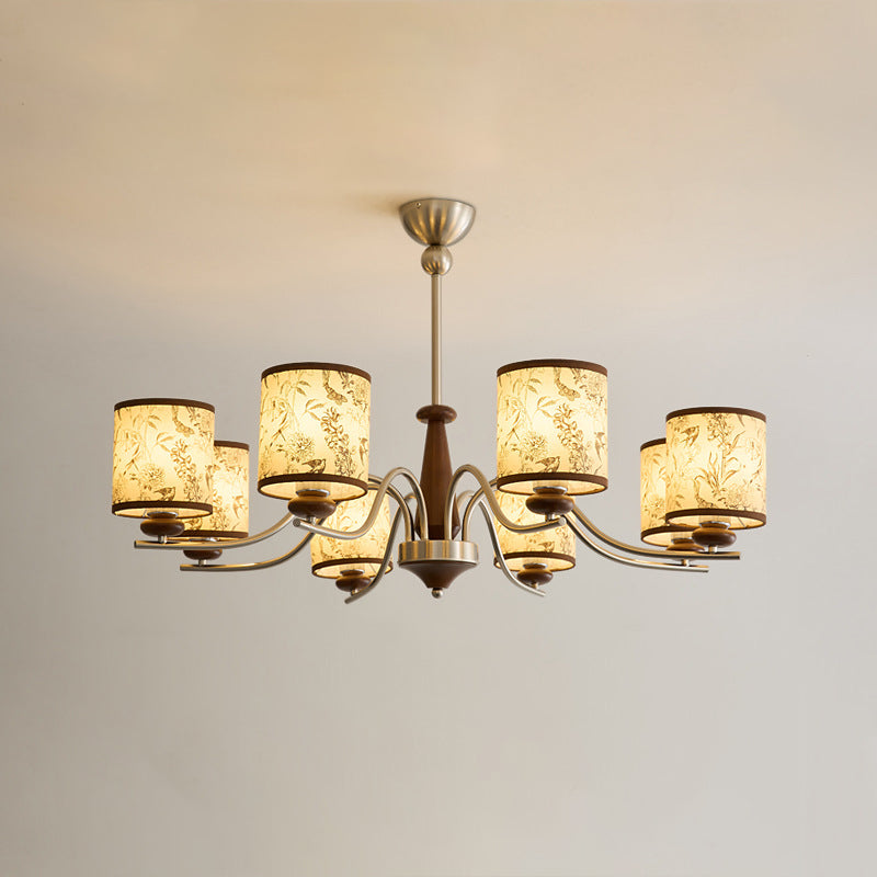 Zeitgenössischer Retro-Kronleuchter aus Eschenholz, Metall und Kunst-Schaffell in Zylinderform mit 3/5/8 Flammen für das Wohnzimmer 