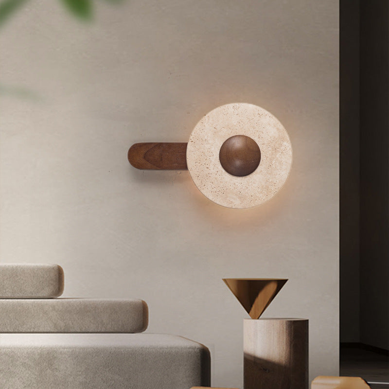 Aplique de pared LED moderno shabby chic de travertino amarillo y madera maciza con forma geométrica combinada para sala de estar y dormitorio 