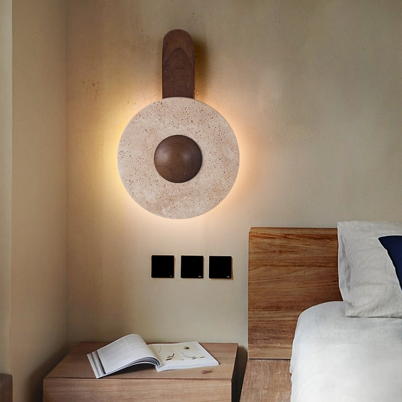 Aplique de pared LED moderno shabby chic de travertino amarillo y madera maciza con forma geométrica combinada para sala de estar y dormitorio 