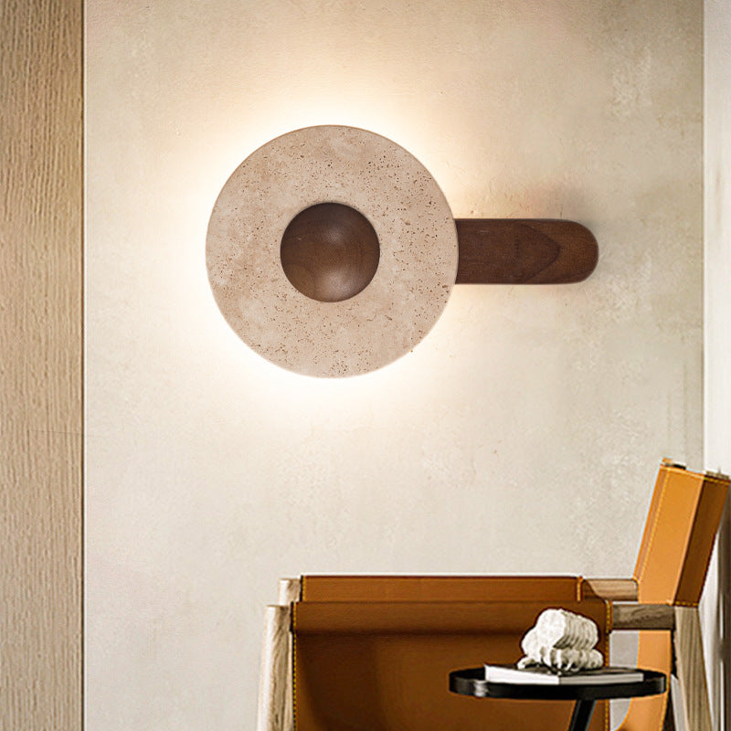 Aplique de pared LED moderno shabby chic de travertino amarillo y madera maciza con forma geométrica combinada para sala de estar y dormitorio 