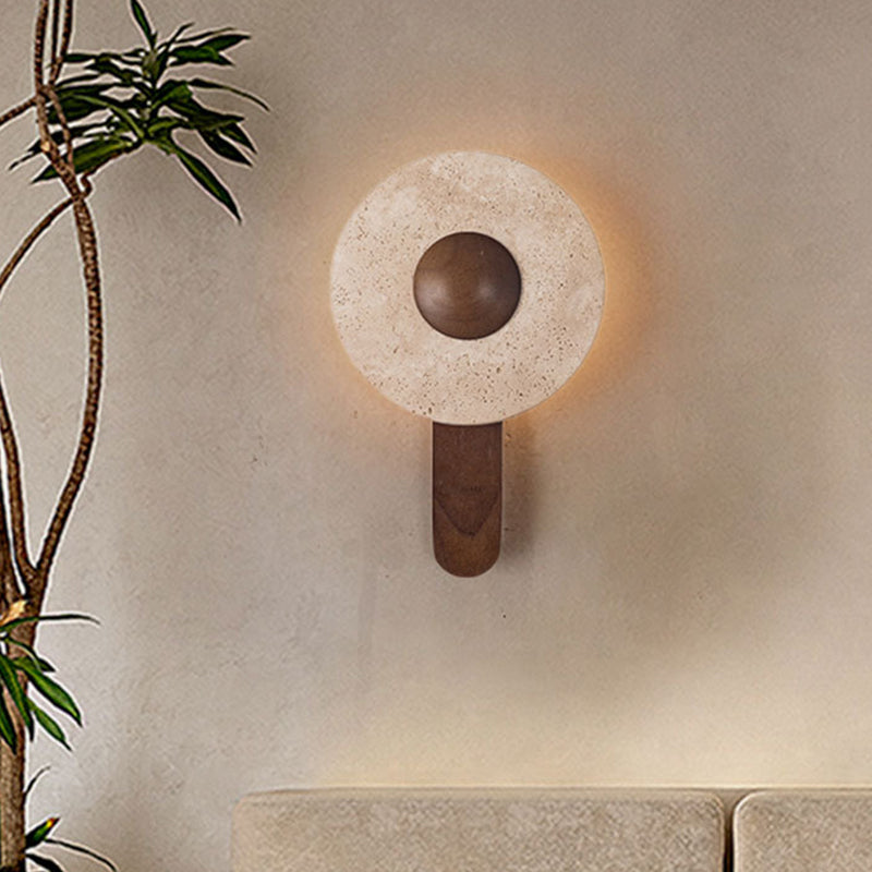 Aplique de pared LED moderno shabby chic de travertino amarillo y madera maciza con forma geométrica combinada para sala de estar y dormitorio 