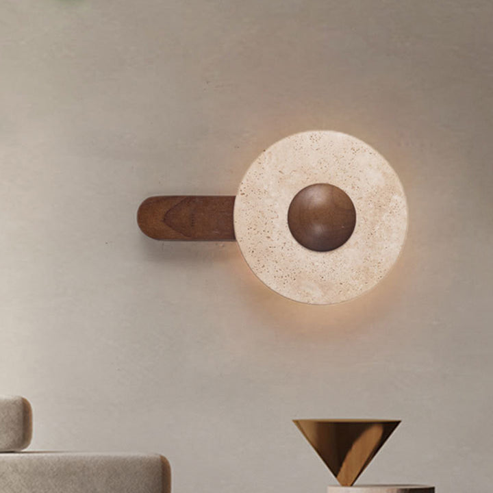 Aplique de pared LED moderno shabby chic de travertino amarillo y madera maciza con forma geométrica combinada para sala de estar y dormitorio 