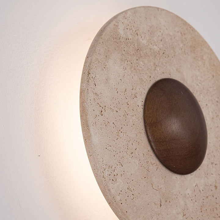 Aplique de pared LED moderno shabby chic de travertino amarillo y madera maciza con forma geométrica combinada para sala de estar y dormitorio 