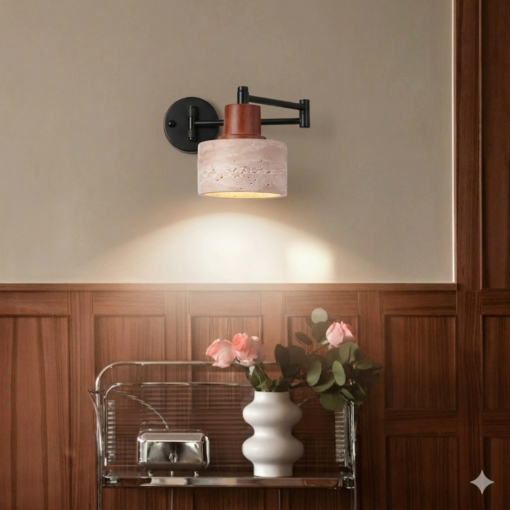 Contemporary Retro Yellow Travertine Walnut Wood Iron Cylinder &amp; Truncated Cone 1-Light Wall Sconce Lamp For Bedroom