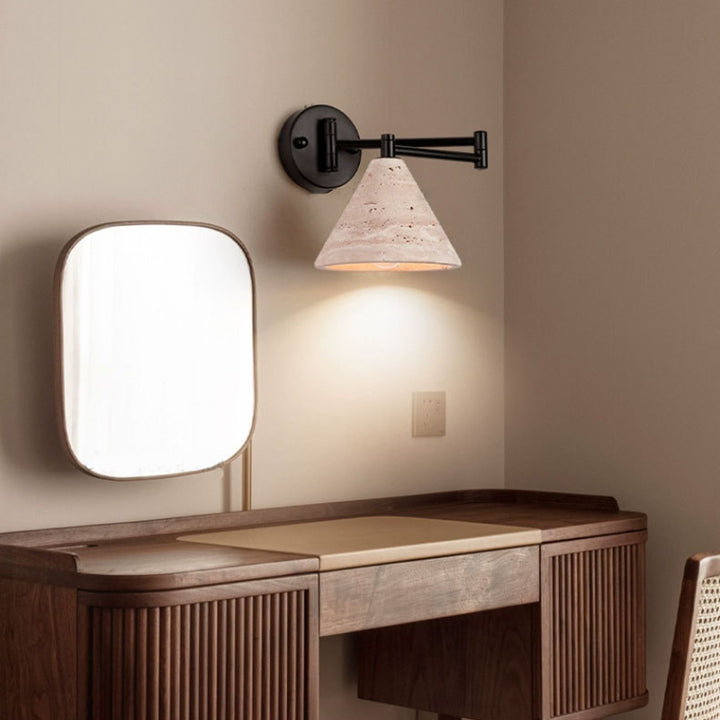 Contemporary Retro Yellow Travertine Walnut Wood Iron Cylinder &amp; Truncated Cone 1-Light Wall Sconce Lamp For Bedroom