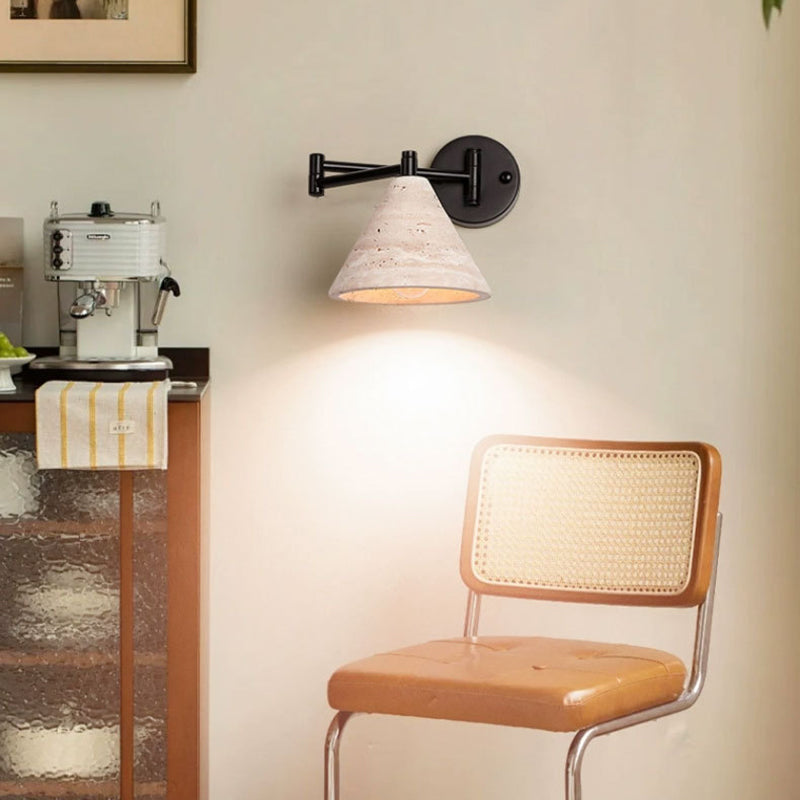 Contemporary Retro Yellow Travertine Walnut Wood Iron Cylinder &amp; Truncated Cone 1-Light Wall Sconce Lamp For Bedroom