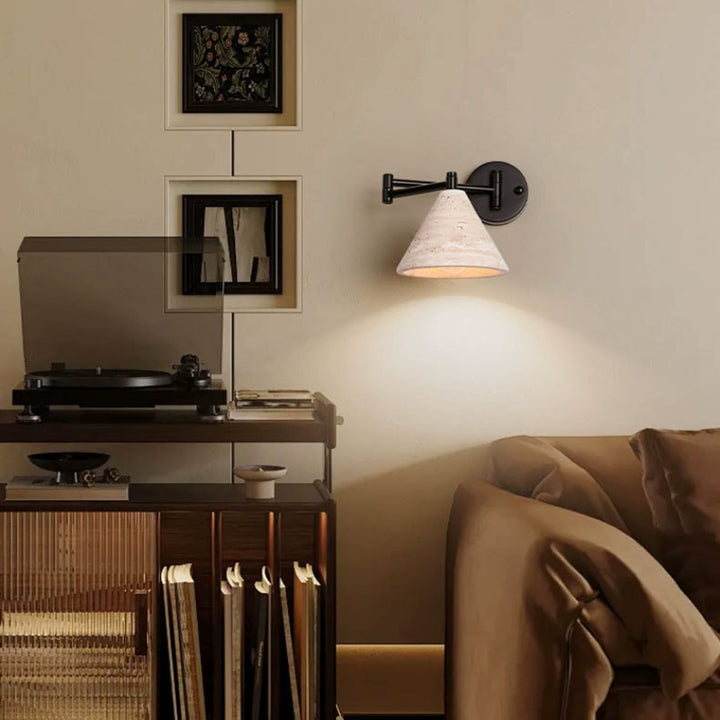 Contemporary Retro Yellow Travertine Walnut Wood Iron Cylinder &amp; Truncated Cone 1-Light Wall Sconce Lamp For Bedroom