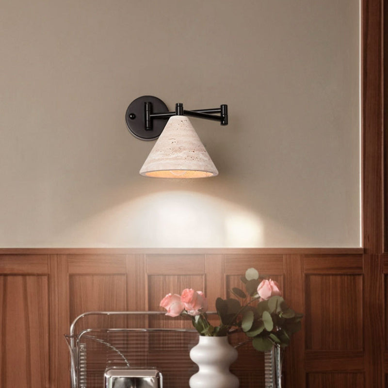 Contemporary Retro Yellow Travertine Walnut Wood Iron Cylinder &amp; Truncated Cone 1-Light Wall Sconce Lamp For Bedroom